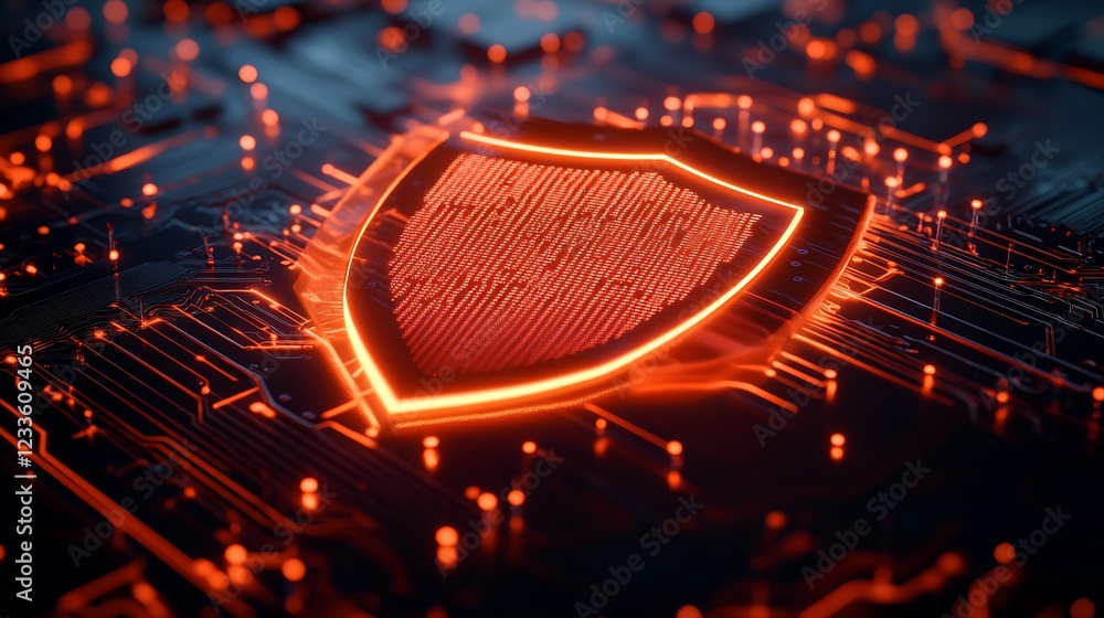 Poster vibrant red tech shield symbol on modern electronic circuitry : generative ai