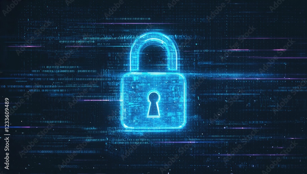 Poster digital security lock: a glowing blue padlock symbol emerges from a swirling digital matrix, represe