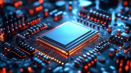 Obraz premium Electronic Circuit Board Highlighting Central Chip with Blue Glow and Orange Accents : Generative AI