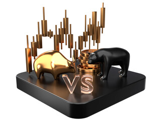 A battle of the bears and the bulls. Gold investment stock market isolated on 3d background with business financial economy trade wealth banking chart. 