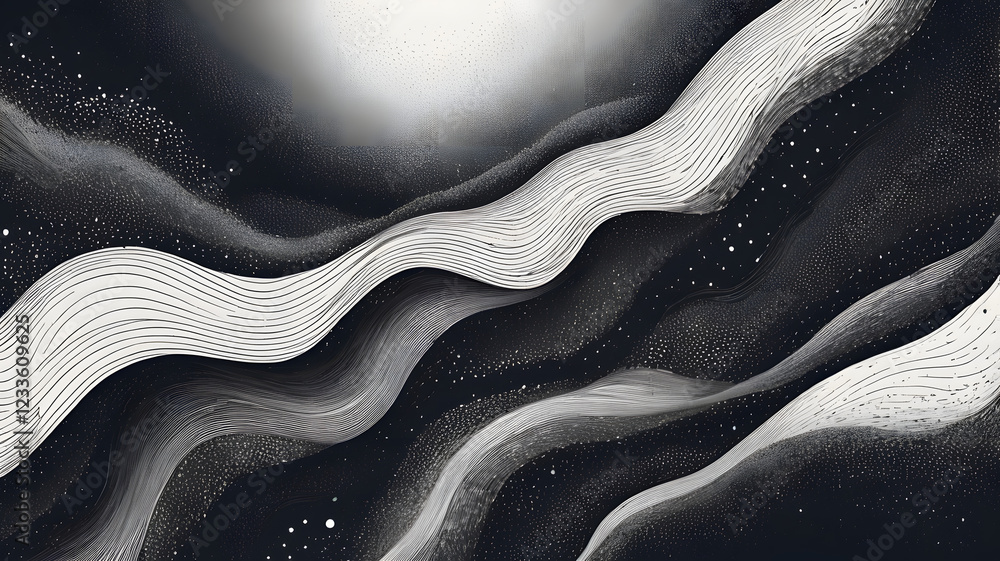 Poster monochromatic waves: abstract grayscale artwork featuring flowing, layered waves, creating a sense o