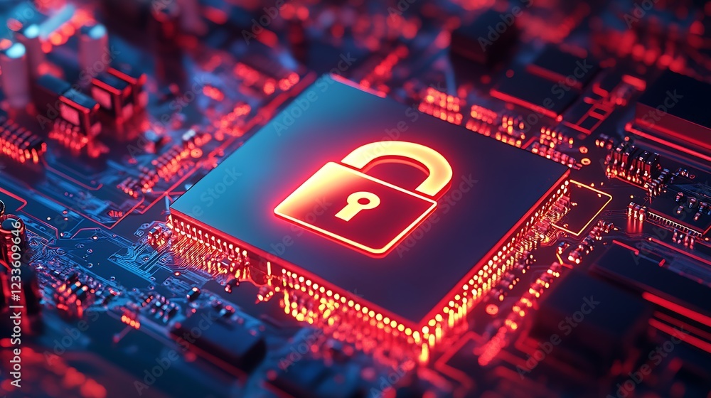 Poster Secure Technology with Red Digital Lock on Circuit Board Protecting Data : Generative AI