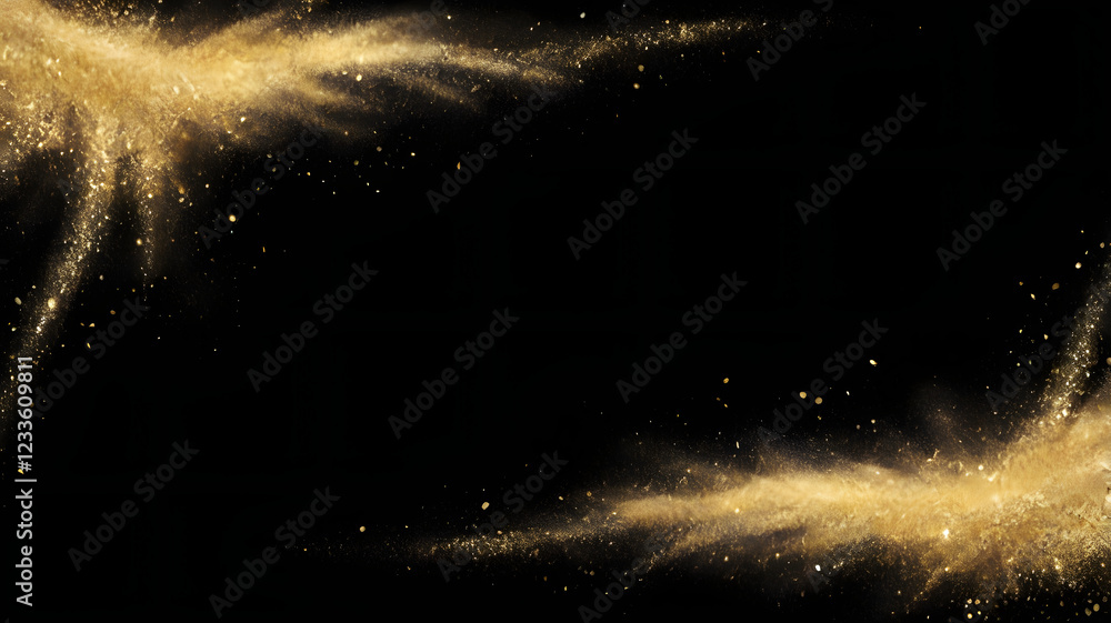 Poster golden dust frame: a mesmerizing frame of golden dust particles explodes across a black background, 