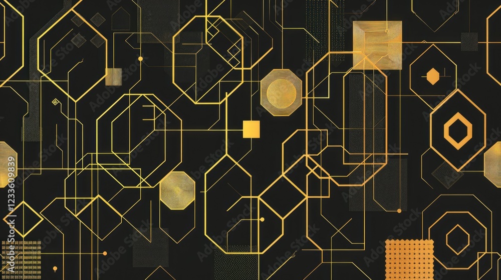 Poster golden circuitry: an abstract design featuring intricate golden circuits, hexagons, and squares inte
