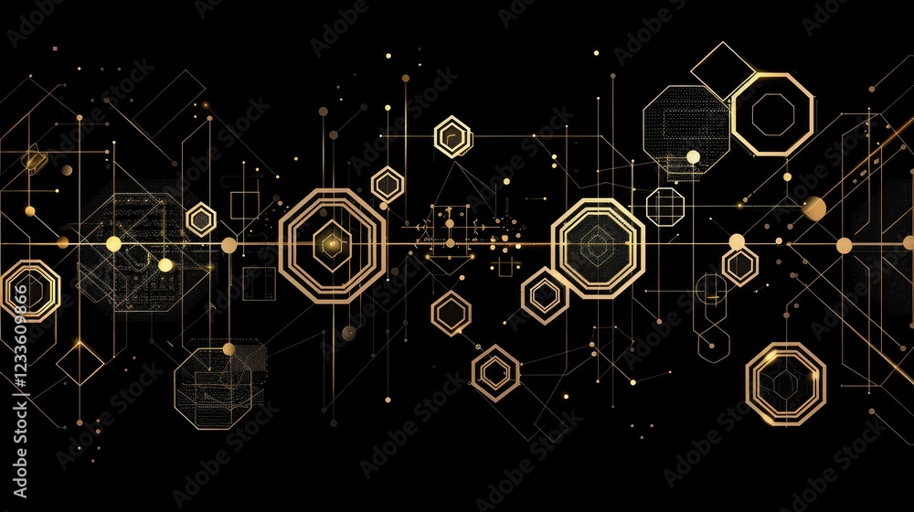 Poster golden grid: an abstract geometric design of connected golden hexagons and lines on a black backgrou