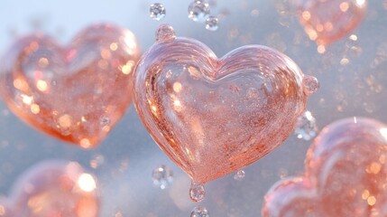 Obraz premium Rosy Glass Hearts Floating In Water Droplets