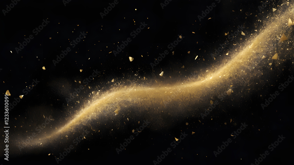 Poster golden stardust trail: a mesmerizing wave of golden stardust elegantly flows across a deep black bac