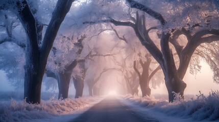 A serene, icy road lined with frosted trees, creating a mystical winter atmosphere.