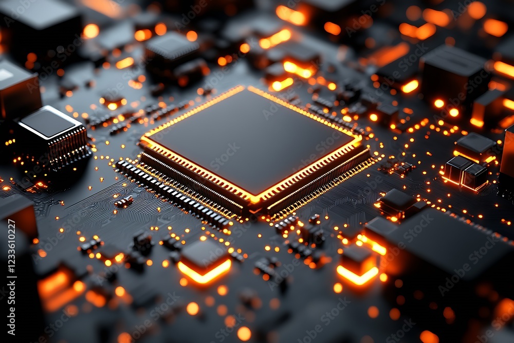Poster Futuristic Circuit Board with Glowing Microchip and Integrated Circuits in High Tech Setting : Generative AI