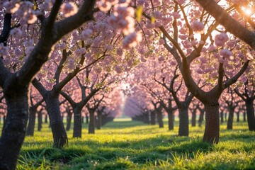 Fototapeta premium Blossoming cherry trees in orchard at sunrise 