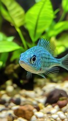 Obraz premium Vibrant Blue Fish Swimming Gracefully in a Lush Freshwater Aquarium with Green Plants