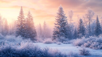 A serene winter landscape with frosted trees and soft pastel skies at dawn.