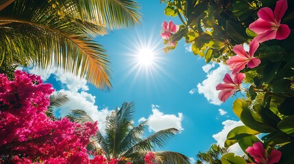 A vibrant tropical scene with flowers and palm trees under a sunny sky.