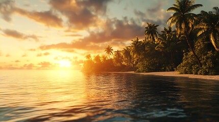 Serene beach at sunset with palm trees reflecting on calm water.