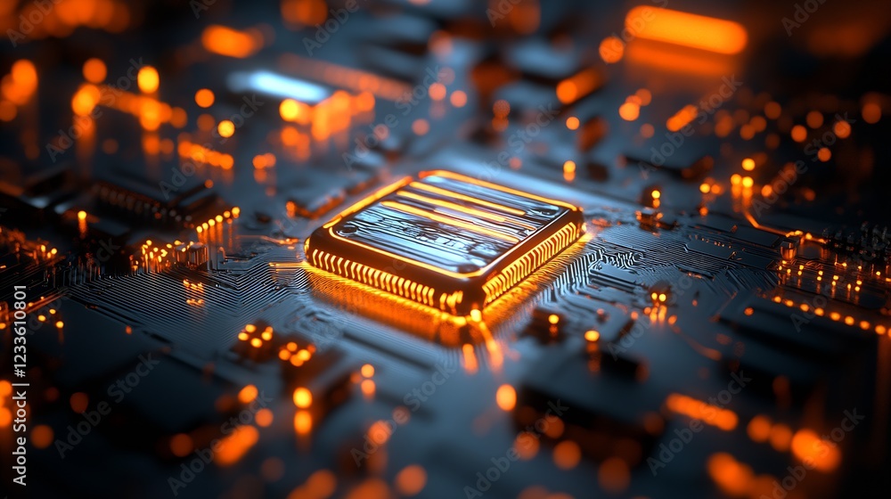 Fototapete futuristic glowing circuit board with central processor unit in orange blue tones : generative ai