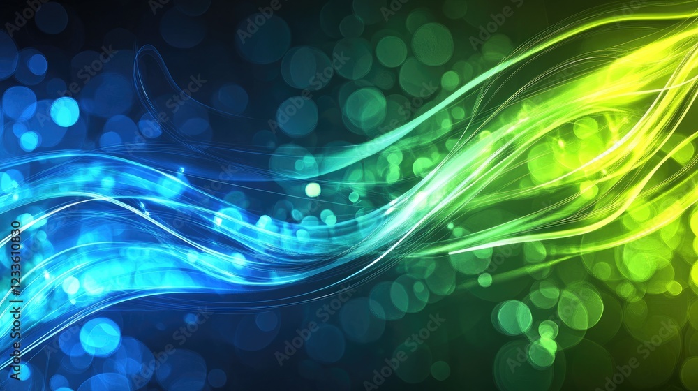 Poster abstract energy flow: a captivating digital artwork features vibrant blue and green abstract waves, 