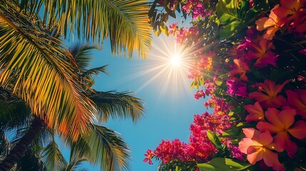 A vibrant tropical scene with palm trees and colorful flowers under a bright sun.