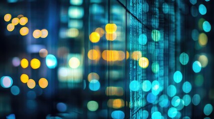 Digital Metropolis: Abstract bokeh of city lights overlaid with lines of code, suggesting the intersection of technology and urban life.