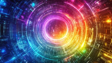 Obraz premium Neon Rainbow Tunnel: An abstract digital art piece depicting a vibrant, swirling tunnel of neon rainbow light, creating a mesmerizing and futuristic visual experience.