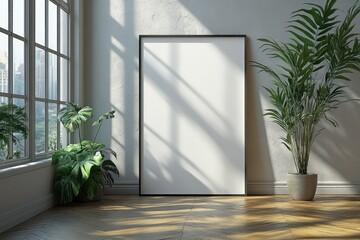 Sunlight Illuminates a Modern Room with Plants and a Blank Canvas