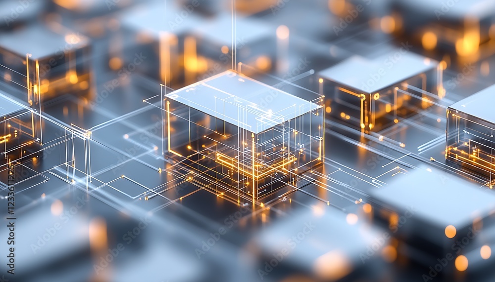 Aufkleber digital network innovation with glowing cubes featuring a futuristic technology landscape : generati