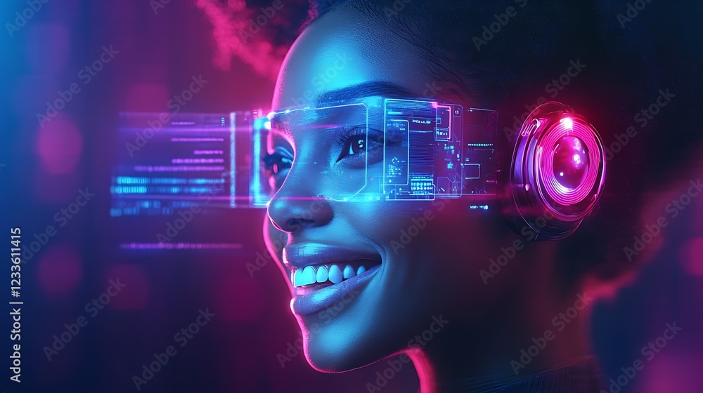 Poster woman enjoying virtual reality with high-tech headset in neon light scene : generative ai