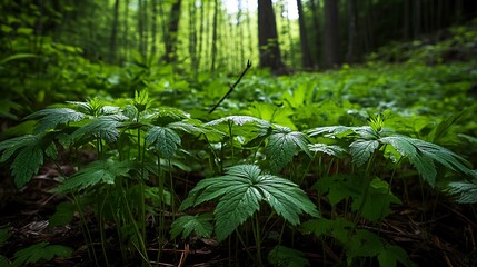 Lush green plants thrive in a serene forest setting, showcasing nature's beauty.