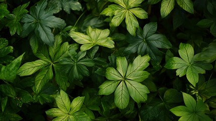 A close-up view of various green leaves creating a lush, vibrant foliage background.