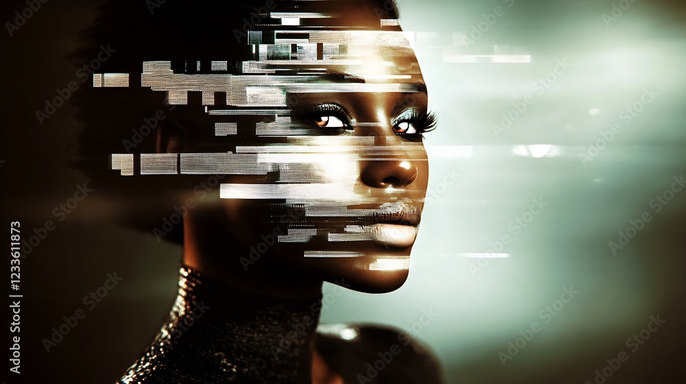 Poster Innovative Cyber Art with Woman's Face and Futuristic Distortion in Abstract Studio Setting : Generative AI