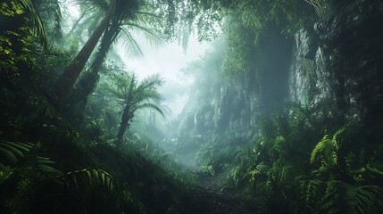 A misty jungle path surrounded by lush greenery and towering trees.