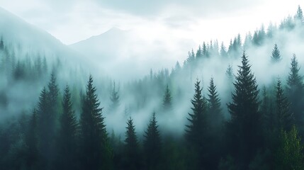 A misty forest landscape with towering trees and distant mountains shrouded in fog.
