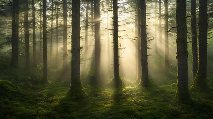 A serene forest scene with sunlight filtering through trees, creating a mystical atmosphere.