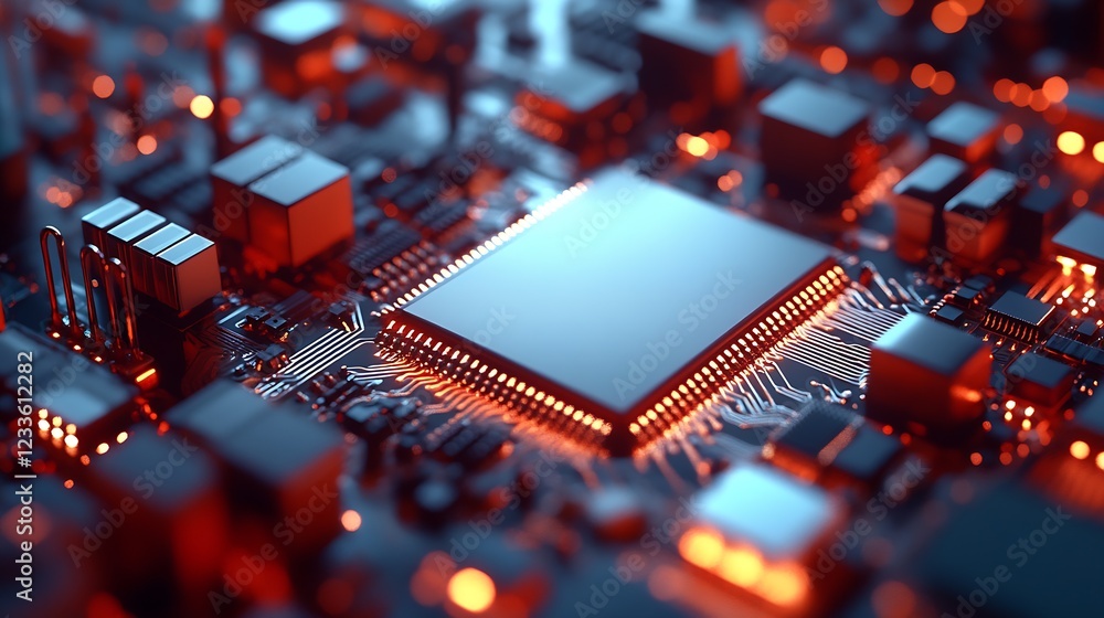 Poster Close Up of Modern Microchip on Circuit Board Illuminated by Glowing Red Lights : Generative AI