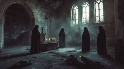 A secretive cult gathering in an abandoned chapel