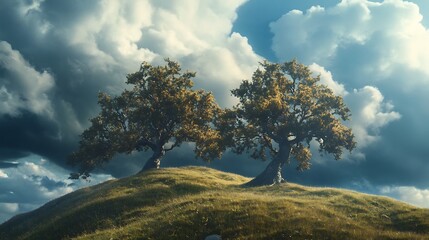 Two trees on a grassy hill under a dramatic sky, evoking tranquility and nature's beauty.