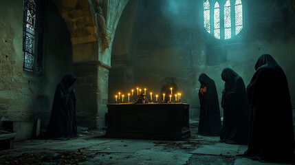 A secretive cult gathering in an abandoned chapel