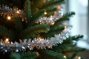 Shimmering silver garlands entwine the tree's limbs, elegant tree, festive atmosphere, holiday decor