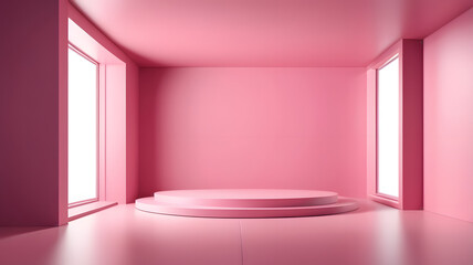 Pink Minimalist Room with Circular Podium: A serene and stylish minimalist room, painted in a soft pink hue, features a circular two-tiered podium, perfect for showcasing products or designs.