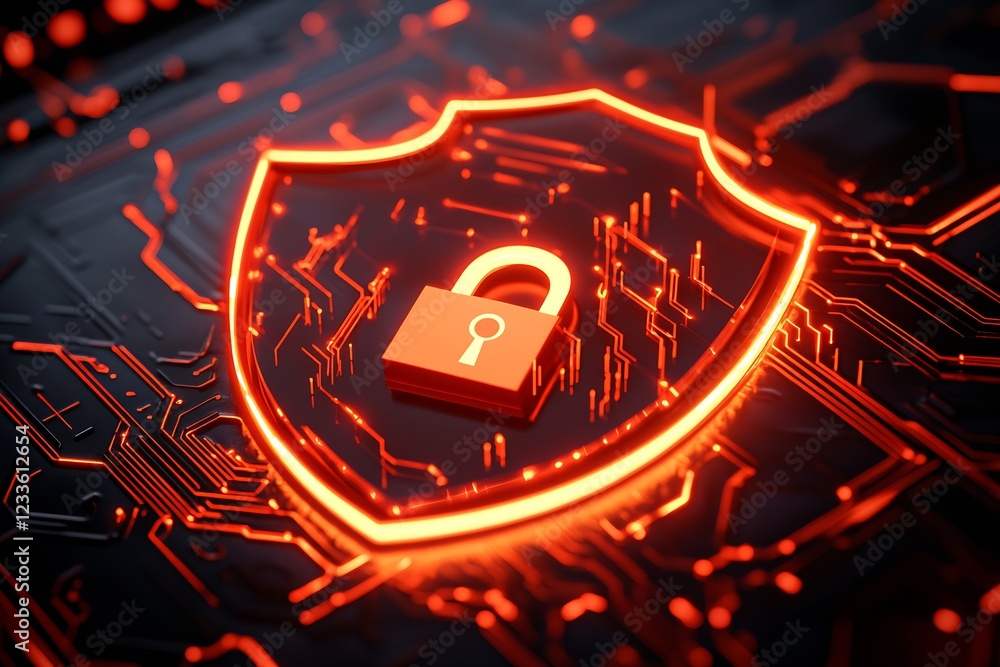 Aufkleber Cybersecurity Lock Icon on Circuit Board in Neon Red Glowing Technology Design : Generative AI