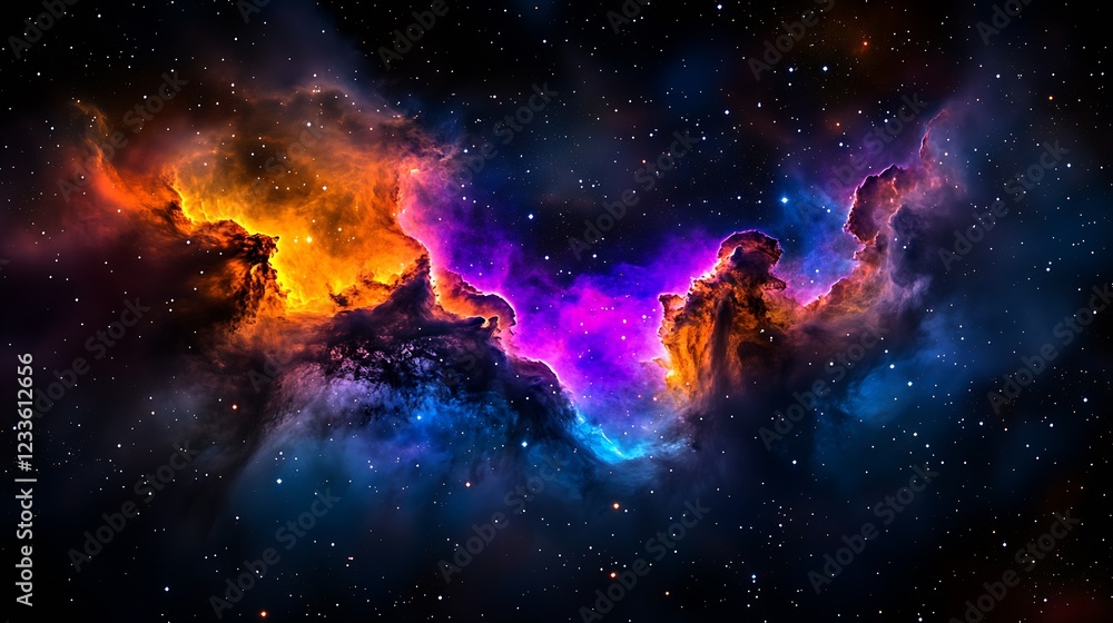 Poster stunning bright nebula in deep space with purple and orange gaseous clouds : generative ai