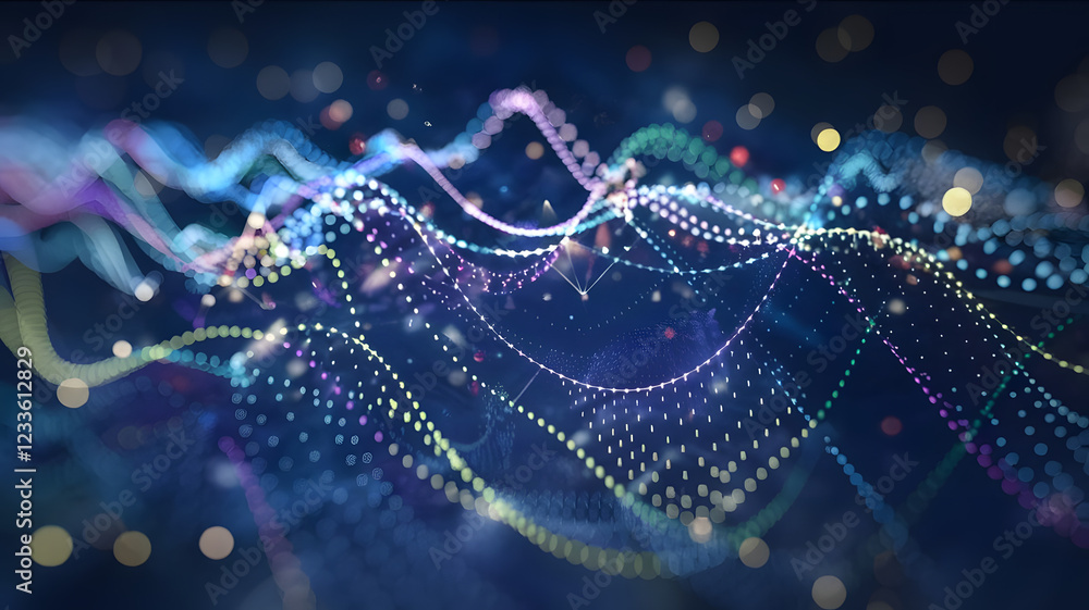 Poster abstract data flow: a mesmerizing visualization of data points forming flowing, colorful waves acros