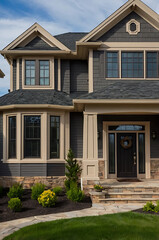 Obraz premium Luxury Modern Home Exterior Design: Gray and Beige Facade with Stone Accents