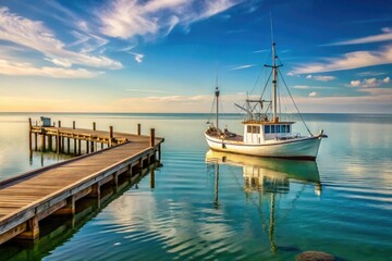 Obraz premium Seaside pier with a fishing boat docked at the end and a sailboat anchored in the bay, marine, sea, waves, vessel