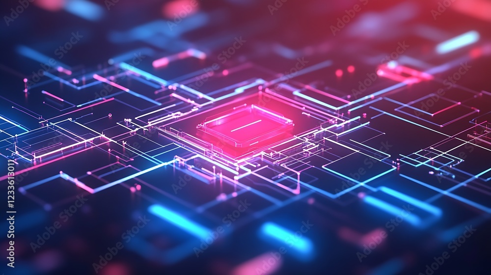 Aufkleber Neon Cybernetic Circuit Design Highlighting Technology Interconnection : Generative AI
