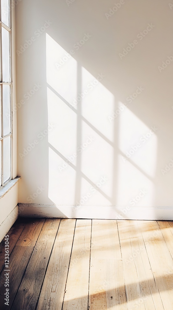 Poster serene room with sunlight interior and wooden floor creating an elegant and minimalist space : gener