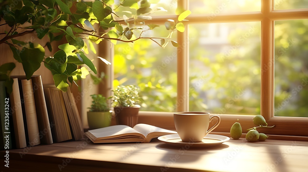 Poster serene workspace with coffee and open book on a sunlit windowsill : generative ai