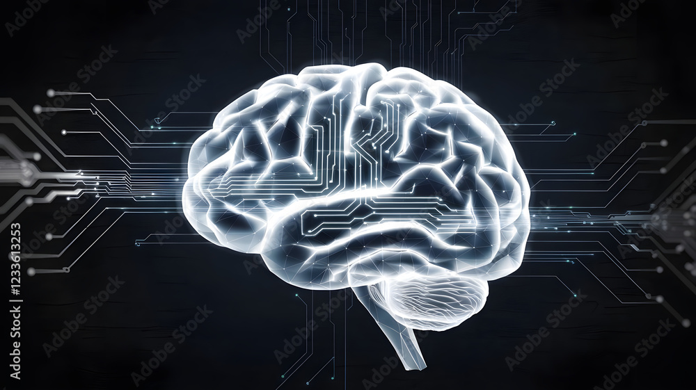 Poster digital brain circuitry: a translucent, glowing human brain is superimposed on a complex circuit boa