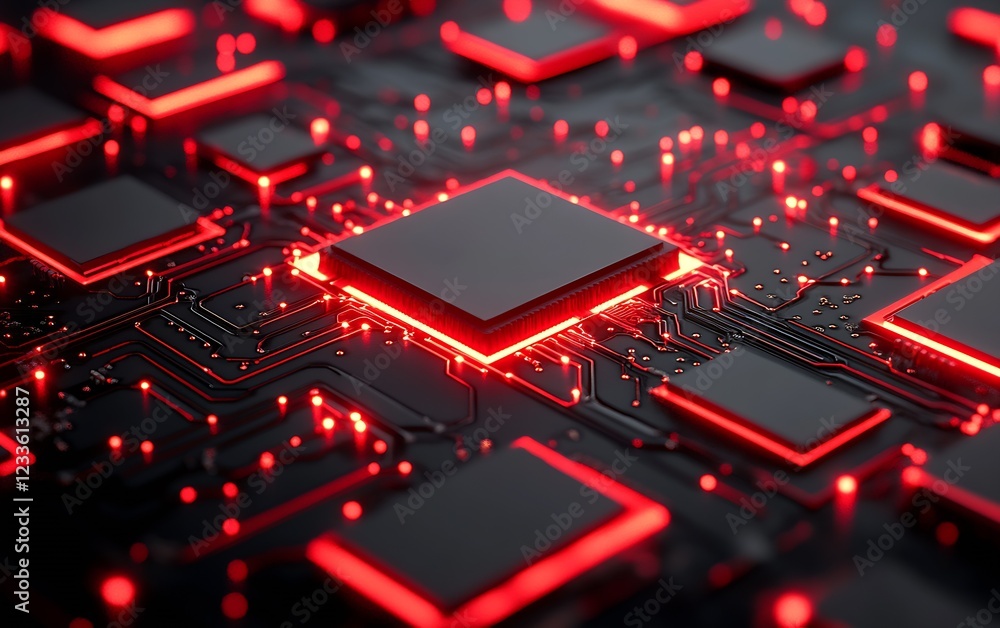 Poster Futuristic Red Microchip Technology with Glowing Circuitry for Advanced Computing : Generative AI
