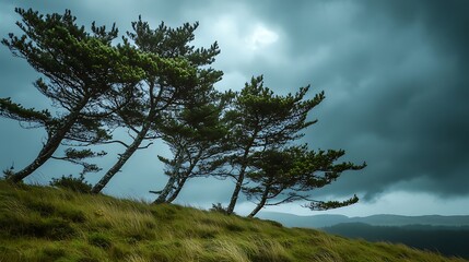 A dramatic landscape featuring wind-swept trees against a moody sky.