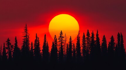 A vibrant sunset over a silhouette of pine trees against a red sky.